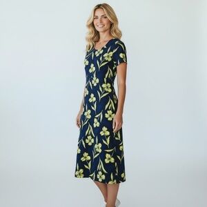 Norton McNaughton dress size large navy blue and green 100% rayon short sleeve
